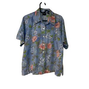 Erika Womens Pink Floral Short Sleeve Button Up Linen Blend Boho Top L Vacation